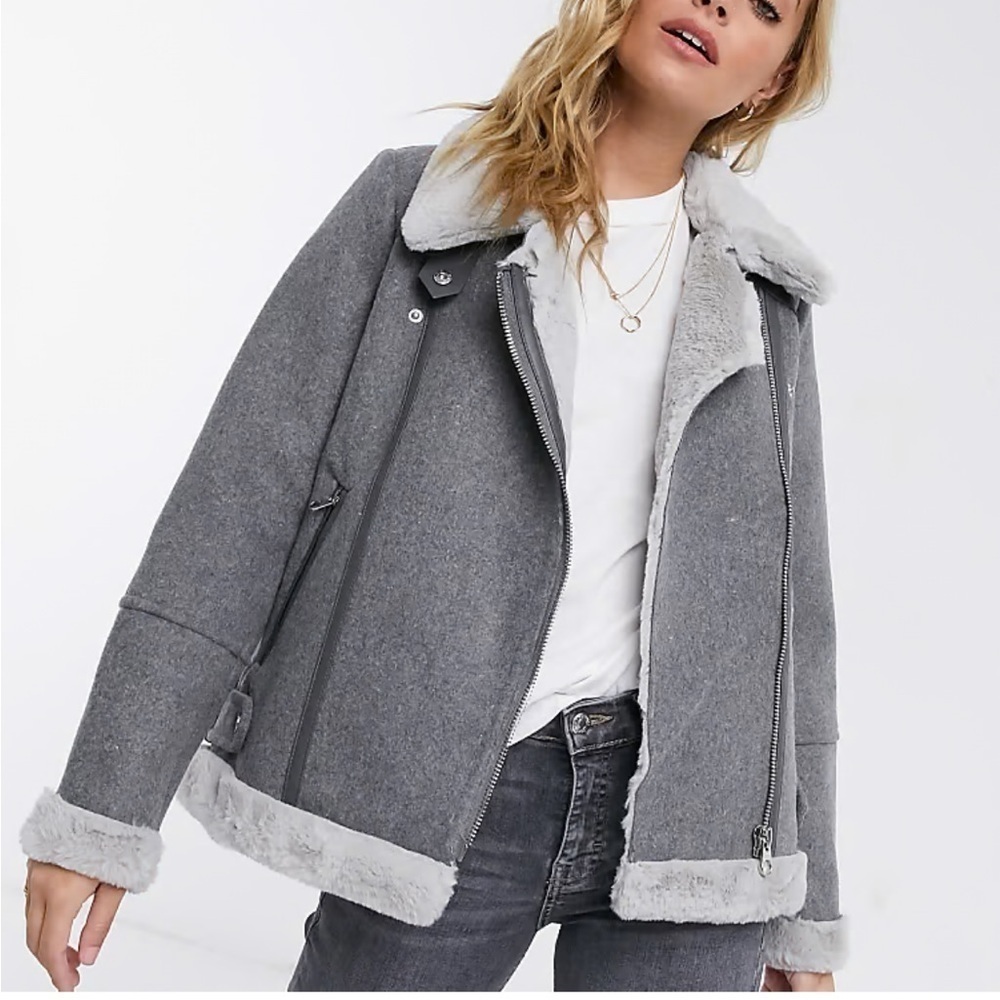 Vero Moda Aviator Jacket in Grey Wool with Faux Fur Trim Size S Brand New - Picture 5 of 11